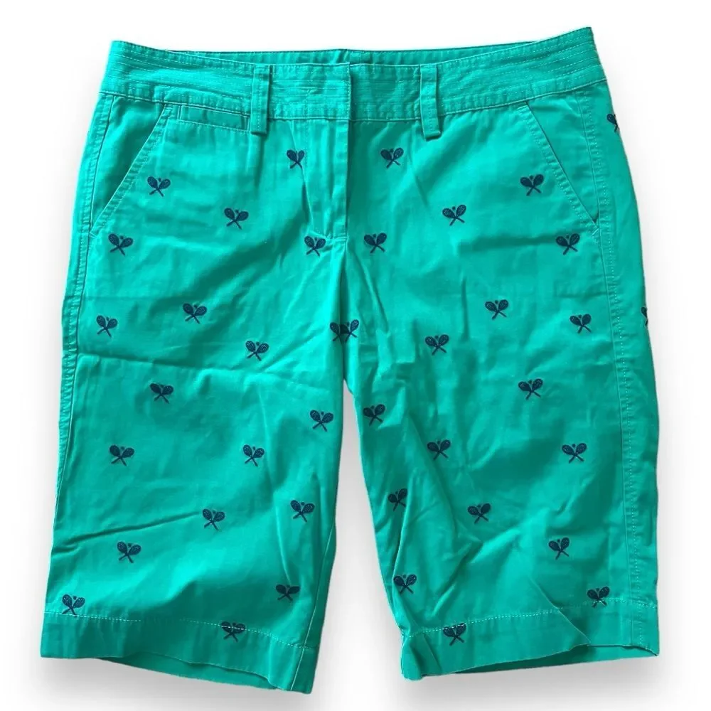 J Crew Women's Green Bermuda Shorts with Embroidered Navy Tennis City Fit Size 6
